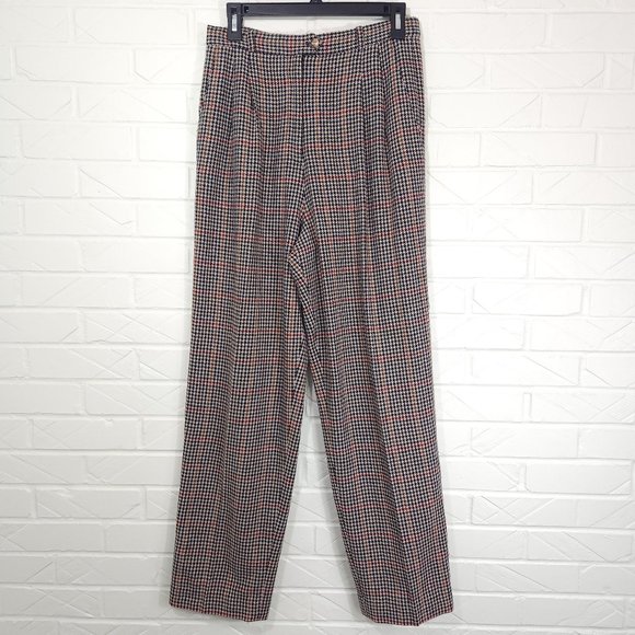 Vintage Leslie Fay Herringbone Plaid Wool Blend High Rise Straight Leg Pants 10 - Picture 1 of 6